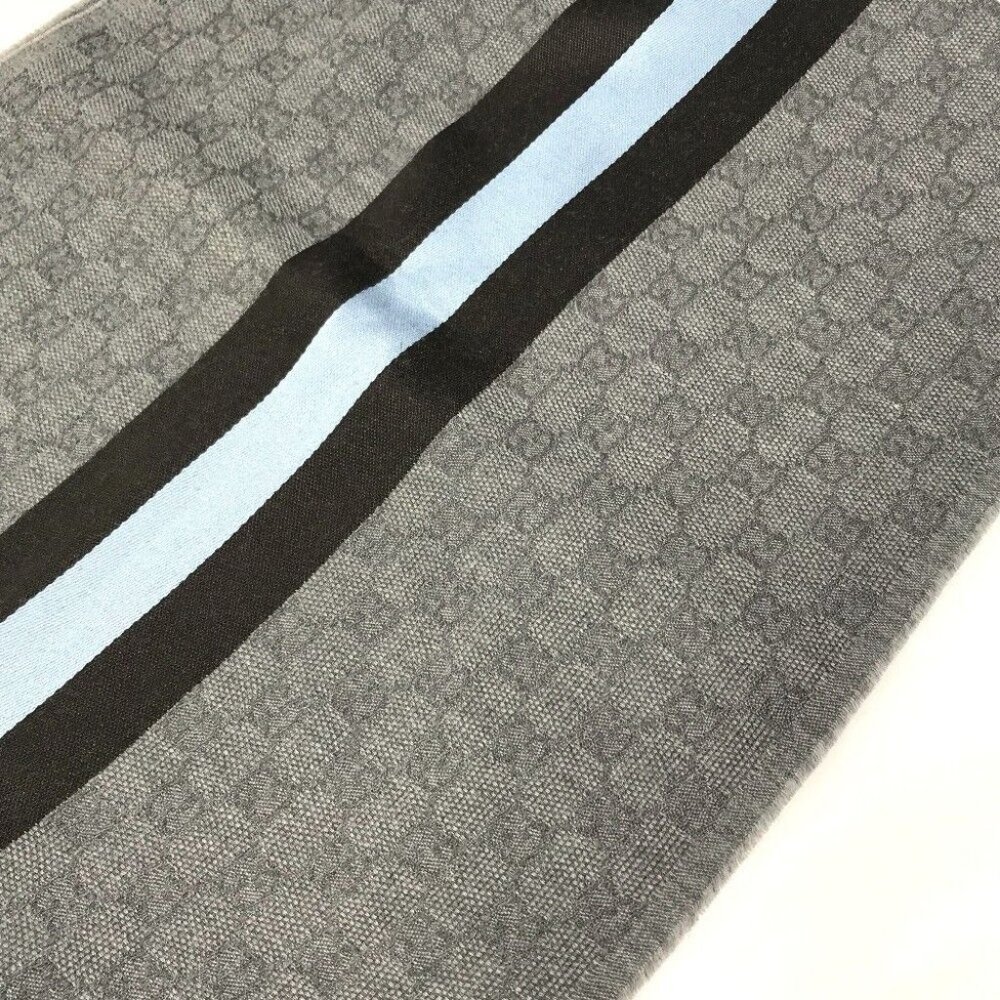 GUCCI 542984 GG fringe Scarf wool / silk Gray x blue x black - Picture 5 of 9